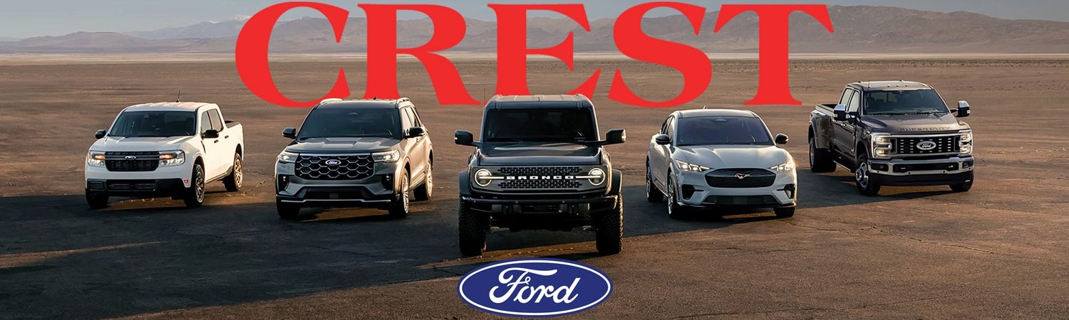 Five Ford vehicles, including a Bronco, truck, and SUV, parked in a desert with CREST in red text above.